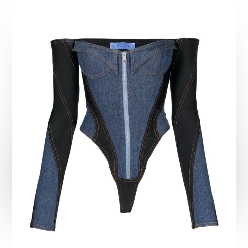 Mugler Denim Top Blue and Black Off-Shoulder Bodysuit Jeans.